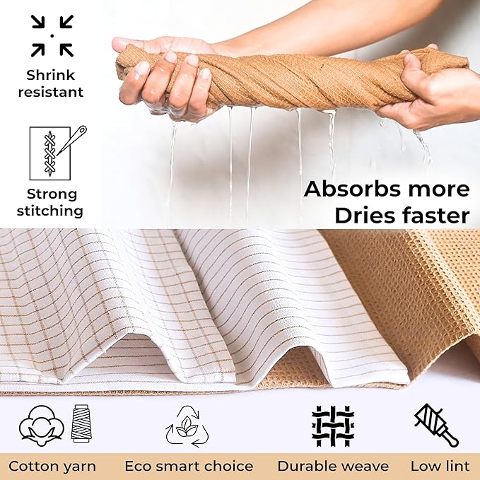 Highly Absorbent Cotton Kitchen Towels for Drying Dishes - Set of 6 Dish Towels - Narrow Beige Stripes Plaid Waffle Dishtowels - 18"X28" Large Lint Free Linen Tea Hand Bulk T Towls