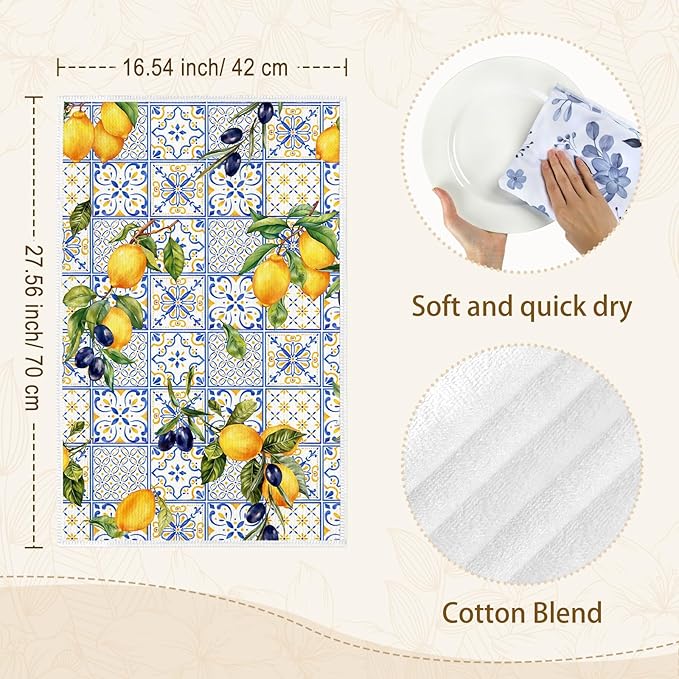 Lemon Floral Microfiber Kitchen Towels, Soft Absorbent Hand Towel 15.7 × 23.6 inch, Thick Dish Cloth for Party Anniversary Holiday Decoration, Housewarming Gifts for Mom