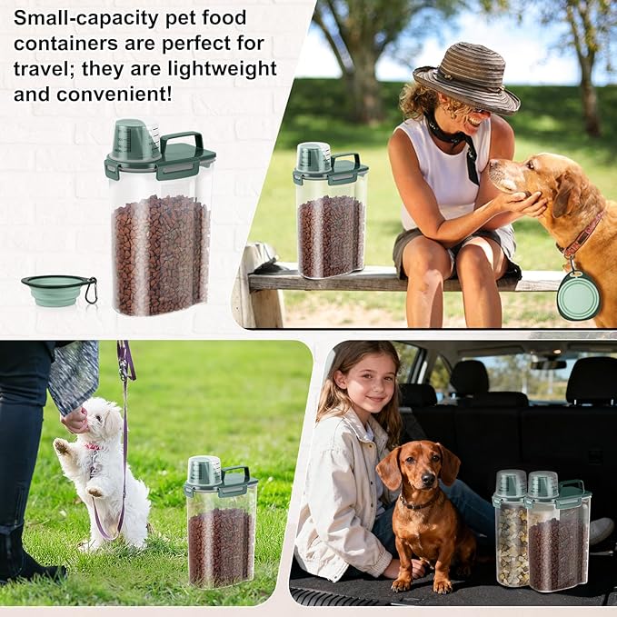 LEAWALK 3-5Lbs/3Qt Dog Cat Food Storage Container With Foldable Bowl. Plastic Pet Food Dispenser for Small Animal Kibble/Pet Food/Bird Seed/Oatmeal/Rice/Flour/Brown Sugart/Cereals (Dark Green)