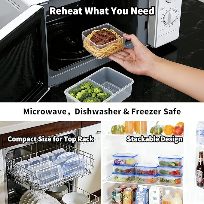 KIGI Meal Prep Containers for Adult Lunch & Snacks, Leak-Proof, BPA-free Plastic, Removable Divided Inserts, Airtight lids, 3 Compartment Food Storage, Microwave Safe, Bento Box, 4.7 Cup, 12 Piece Set