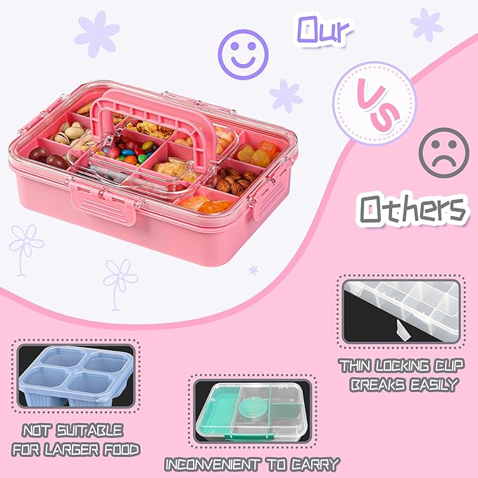 Xyptorix Snack Box Container for Kids - Adjustable 12-Compartment Snack Containers, Reusable Bento Box, Dishwasher Safe, BPA-Free, Perfect for School, Travel, Camping & Picnic, Pink