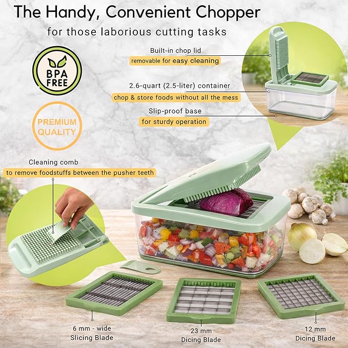 Brieftons QuickPush Food Chopper: Vegetable Dicer Slicer, Onion Cutter, 3 Extra-Large Blades with 200% More Cutting Area to Chop Dice Slice Vegetables, 2.6-Quart Container