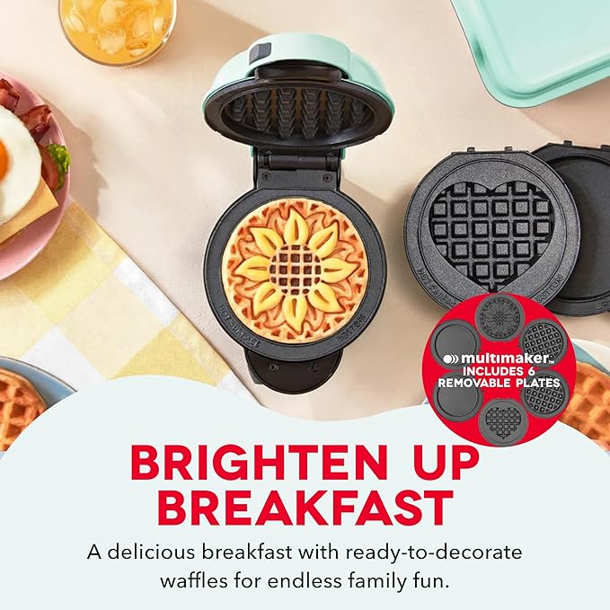 Dash MultiMaker® Mini Maker System - Compact Waffle Maker for Family Breakfasts - Removable Griddle Plates & nonstick surface - 6 Plates & Storage Case - Aqua