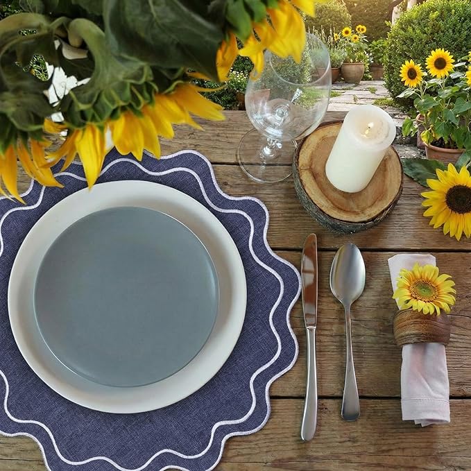 Set of 12 Cotton Linen Placemats, 15x15 Scalloped Flower Embroidery Cloth Table Mats Double Layered Fabric Washable Wrinkle Free Dining Placemat for Restaurant Kitchen Decor(Navy Blue)