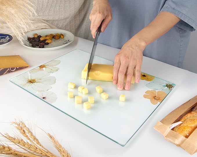 Kitchenville Glass Cutting Board 16"x12": Tempered Glass Kitchen Counter Protector - Durable- Scratch-Resistant, Heat-Proof - Design 5 - Floral Design