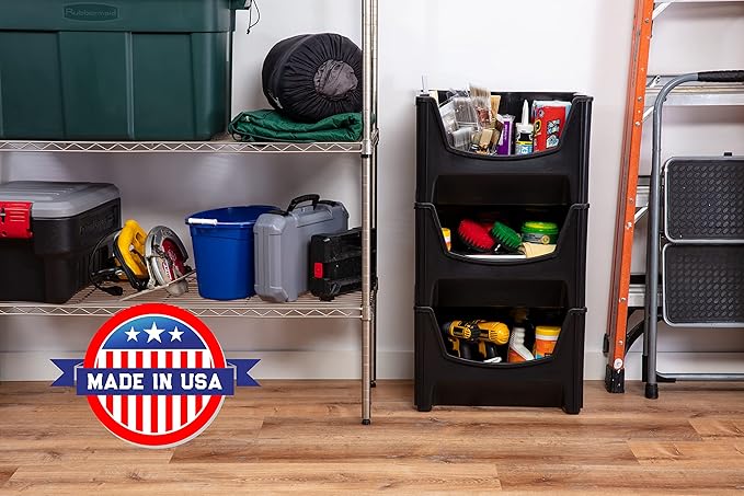 Mighty Tuff Jumbo Stackable Storage Bins, Pack of 3, Easy-Access Storage, Large Easy-to-Grip Handles, Wide Front Opening, Interlocking, Stack Vertically, Black