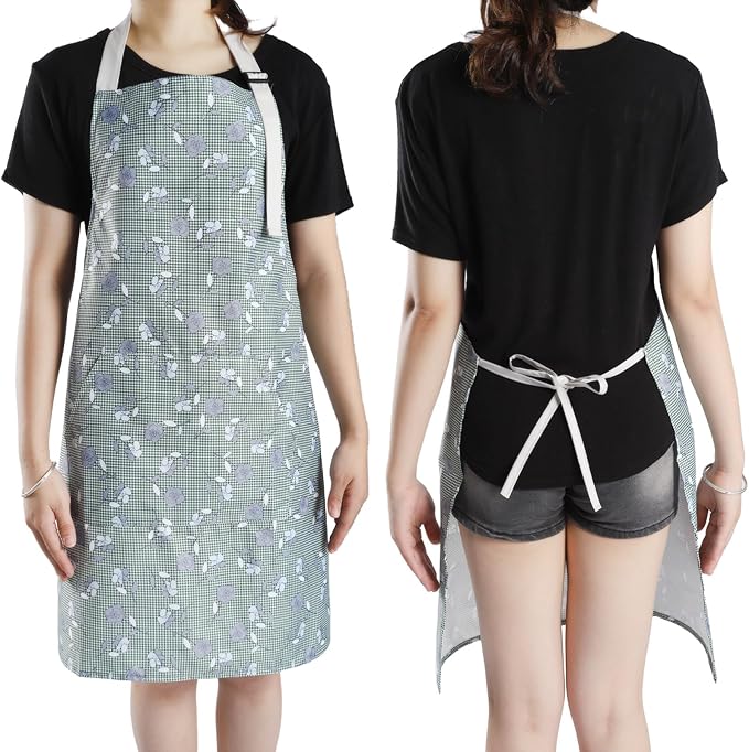 Apron for Women with Pockets, 3 PCs Waterproof Floral Apron with Adjustable Neck Strap for Cooking, Baking, Gardening, Art Craft