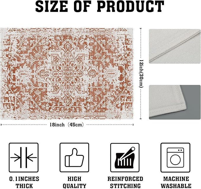 Gray Burnt Orange Boho Placemats Set of 4 Ethnic Bohemian Carpet Place Mats Washable Kitchen Dining Vintage Grey Geography Floral Linen Table Mats Stain Heat-Resistant for Home Party Indoor 12x18 in