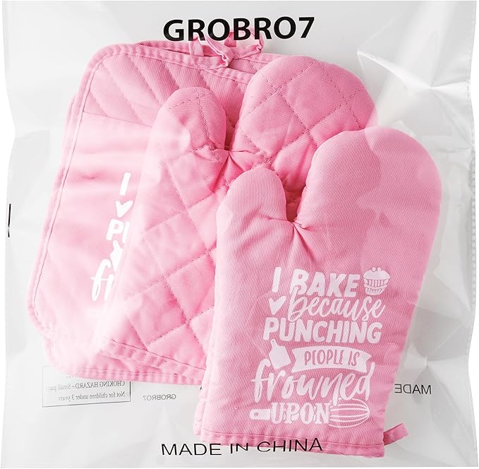 GROBRO7 6Pcs Cotton Oven Mitts Pot Holders Funny Women Resistant Hot Pads Machine Washable Microwave Gloves with Hanging Loop Pocket Potholder for Kitchen Baking Cooking GrillingPink