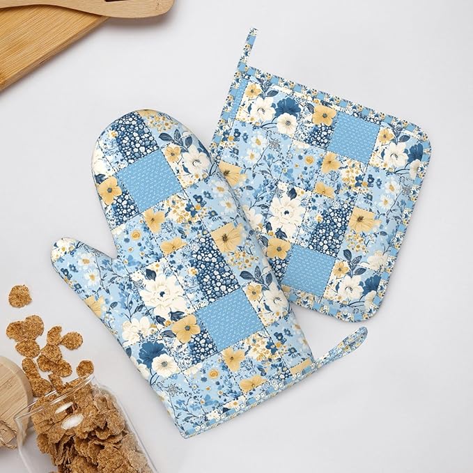 Oven Mitts and Pot Holders Floral Blue Pastel Vintage Silicone Kitchen Accessories Set of 2 Heat Resistant Long Gloves Potholder Non-Slip Grip for Chef Cooking,Baking,Grilling,BBQ