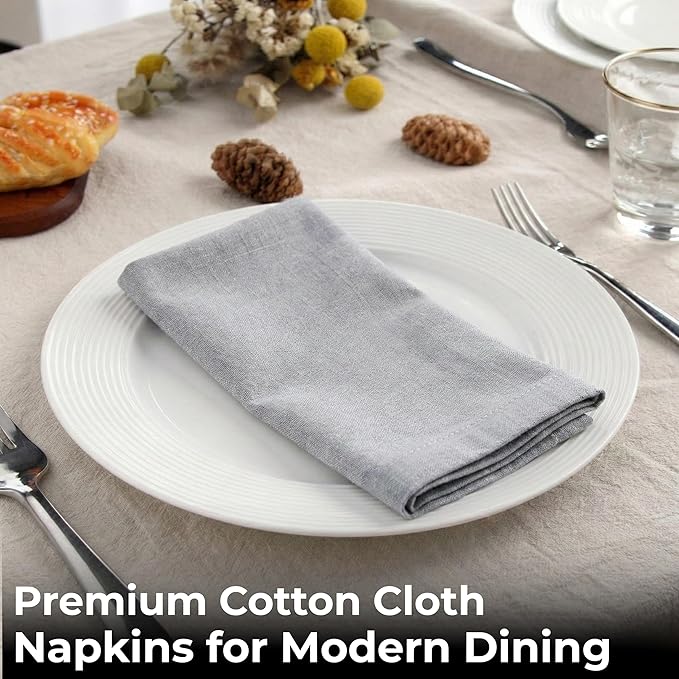 Ramanta Home Light Grey Cotton Dinner Napkins Set of 12, 18x18 Inch 100% Cotton Cloth Napkins, Reusable Fabric Table Napkins for Everyday Dining, Parties, Wedding, Spring & Easter Table Décor Washable