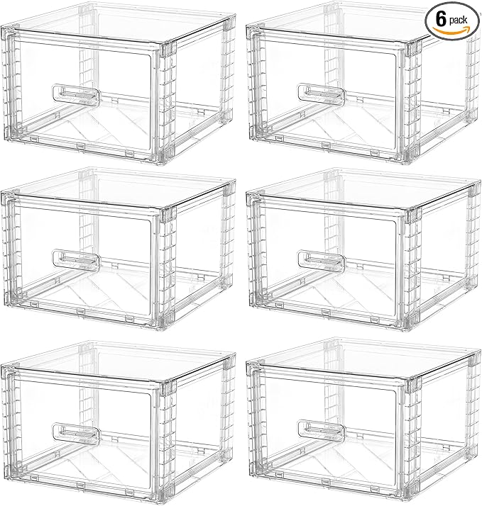 Vtopmart 6 Pack Clear Stackable Storage Bins, Easily Assemble Bathroom Organizers,Plastic Storage Bins for Kitchen Pantry,Under Sink Organization(Medium)