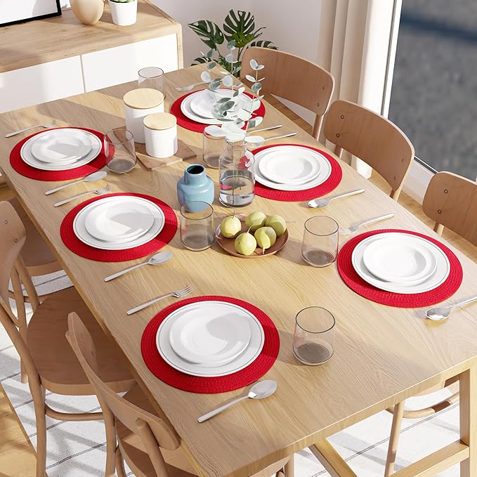 Encasa XO Dining Placemats Set of 6 | Cotton Round Table Mat - 13 in Diameter | Red | Handmade Rib Style Chargers for Dinner Plates