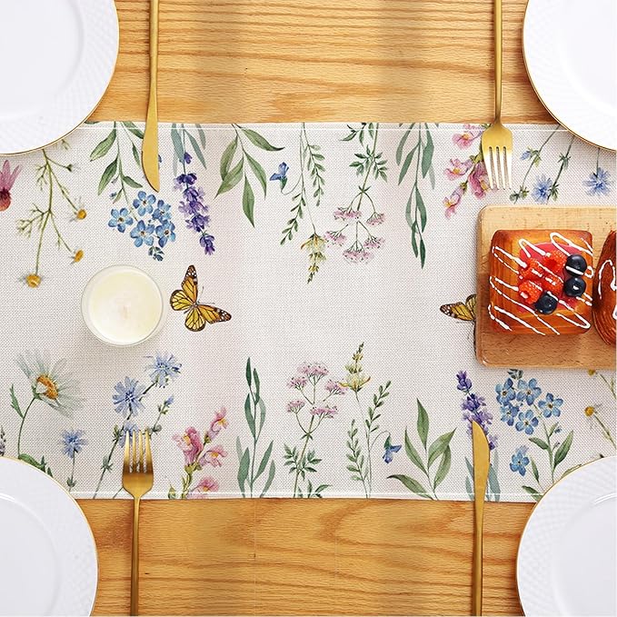 ONFAON Spring Decorations for Home,Daisy Eucalyptus Lavender Floral Leaves Summer Table Runner,Seasonal Spring Kitchen Dining Table Decoration for Home Party Decor 13x72 Inch