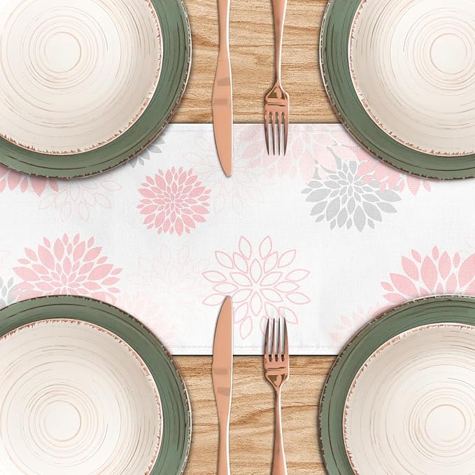 Dahlia Flower Table Runner 13x90 Inch Farmhouse Pink Gray Runners Modern Table Decorations Rustic Geometric Coffee Table Runner for Home Kitchen Dining Room Party (13"x90", Dahlia Floral-Pink)