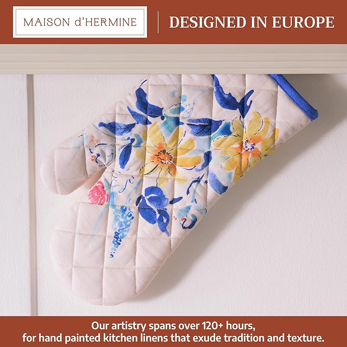 Maison d'Hermine Oven Gloves 100% Cotton Oven Mitt 7" x 13" with Loop Heat Resistant BBQ Cooking Gloves Baking Grilling Gifts for Mothers Day Spring/Summer (Pack of 1, Girassol)