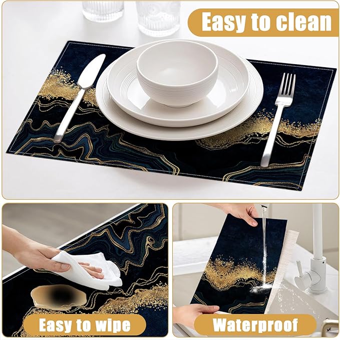 Abstract Navy Blue Marble Placemats Set of 6, Linen Place Mat Washable Stain Resistant Table Mats for Farmhouse Kitchen Dining Holiday Party Wedding Decor 12x18 Inch