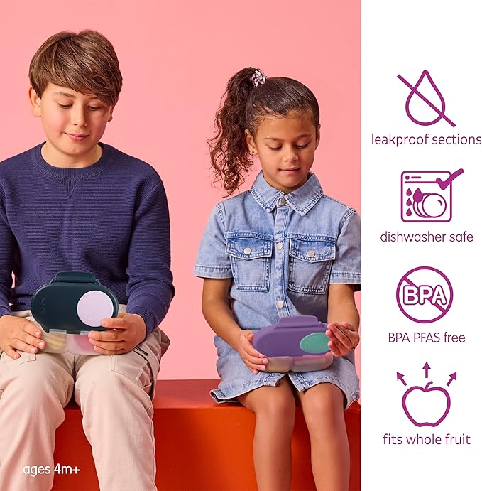 b.box Snack Box - Leakproof Mini Bento Box for Kids & Toddlers, 2 Compartment Snack Containers for Kids, Lunch Containers, Dishwasher Safe, BPA Free, PFAS Free, Ages 4m+, 1 3/4 Cup - Lilac Pop