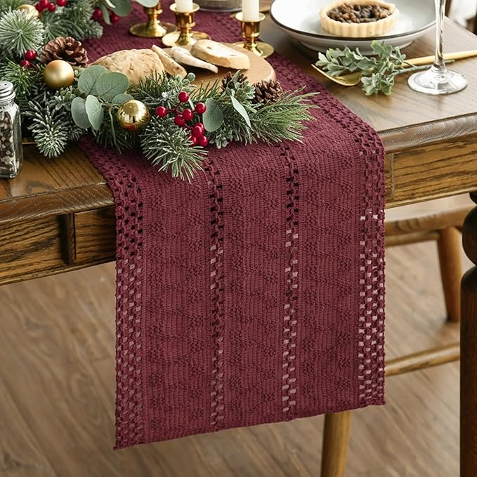 Artoid Mode Red Farmhouse Woven Rustic Hollow Table Runner, Seasonal Holiday Hollow Kitchen Dining Table Decoration for Home Party Decor 12x48 Inch