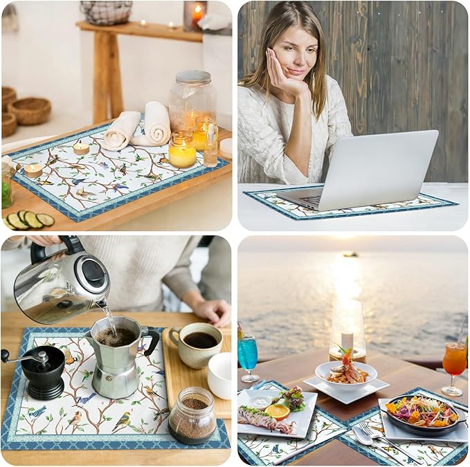 comfoyar Blue Bird Placemats Set of 4, 12x18 Inch Non-Slip Linen Spring Flower Place Mats, Washable Absorbent Table Mats for Kitchen Dining Party Table Decoration