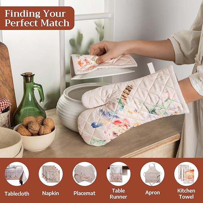 Maison d' Hermine 100% Cotton Oven Mitt & Pot Holder Set (7.5"x13" & 8"x8") Heat Resistant BBQ Cooking Gloves with Loop Baking Grilling Kitchen Gifts for Mothers Day Spring/Summer (Ibiza - Beige)