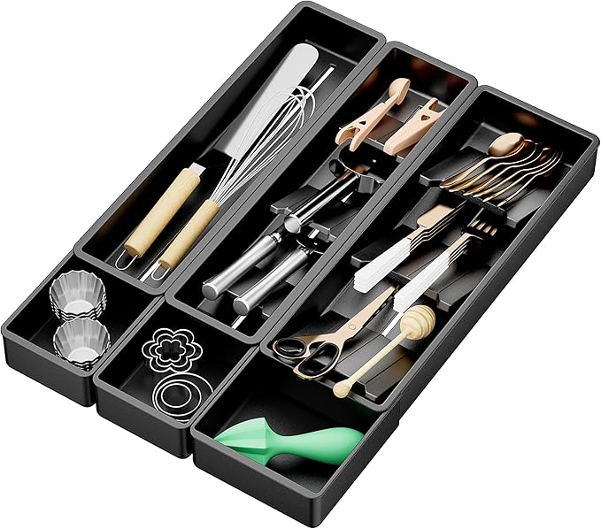 Silverware Drawer Organizer with Expandable Panel & Removable Dividers – Fits 15.67" to 21.18" Kitchen Drawers, Space-Saving Utensil Storage Solution (SPACE BLACK, W13.6 x L15.7 inches)