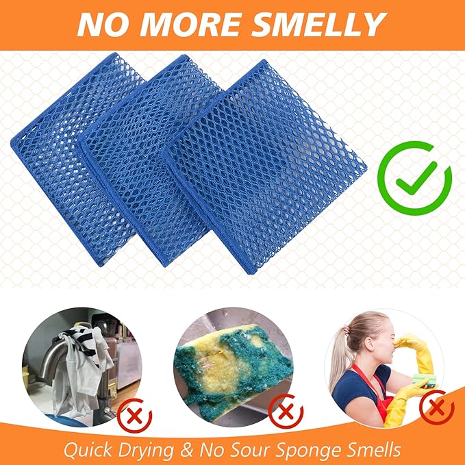 SUNLAND Netted Dish Cloths for Washing Dishes No Odor Dishes Scrubber for Kitchen-Fast Drying and Easy to Clean Mesh Dish Cloth 6 Pack 12Inch x12Inch Blue