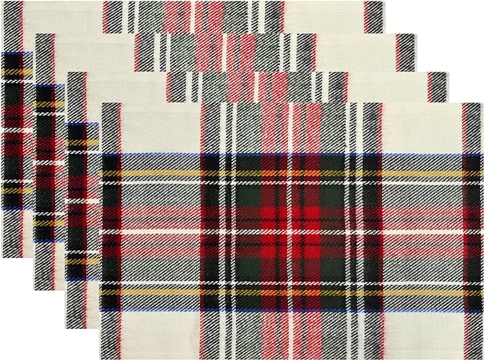 Batmerry Scottish Tartan Placemats,Square Green Wool Plaid Washable Linen Table Mats for Kitchen Table Double Insulation Decor Dining Set Indoor Outdoor 12X18 in Set of 4