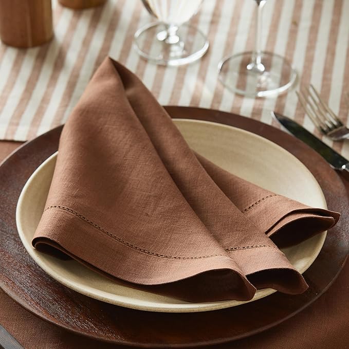 Solino Home Brown Linen Napkins Set of 4-100% Pure Linen Hemstitch Dinner Napkins 20 x 20 Inch for Mothers Day - Classic Hemstitch
