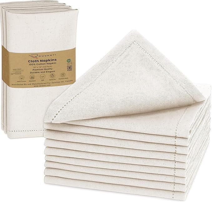 Ruvanti Cloth Napkins Set of 12, 100% Cotton High GSM 18x18 Inches, Hem Stitched Corners, Soft, Washable, Durable & Absorbent, Perfect for Parties, Christmas, Thanksgiving Dinners – Natural Color