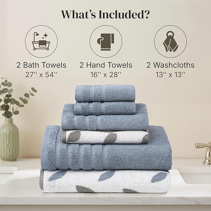 Modern Threads Natural Vine 6-Piece 100% Cotton Towel Set – Yarn Dyed Jacquard – Includes 2 Bath Towels, 2 Hand Towels, 2 Washcloths – Absorbent, Quick Dry, Soft & Durable – Blue