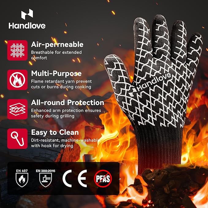 HandLove Aramid Heat Resistant BBQ Gloves – Grilling & Oven Gloves with Fingers, Silicone Grip & Long Cuffs for Cooking, Baking, and Outdoor Barbecue – Black,L