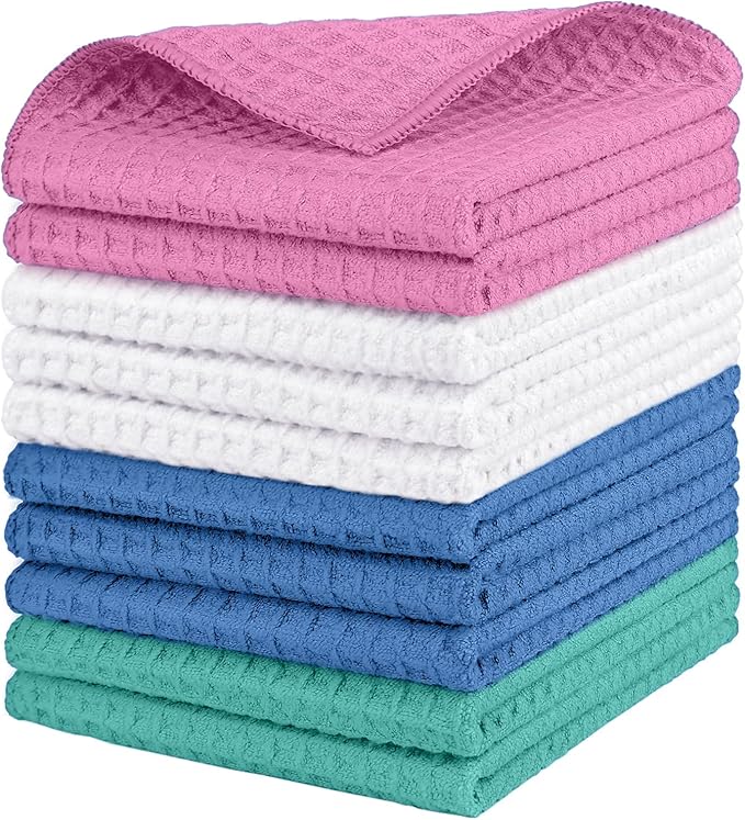 HOMEXCEL Waffle Weave Microfiber Towel, 10 Pack Lint Free Cleaning Rags, 12 x 12 Inches Barista Towels, Reusable Microfiber Cleaning Cloth for Household, Kitchen, Glass and Window, Multicolor
