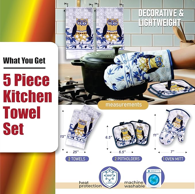 Lobyn Value Packs: Whimsical Blue Owl 5 Piece Kitchen Towel Set with 2 Decorative Dish Towels (25 X15), 1 Oven Mitt (11 X 7) and 2 Potholders (6.5 X 6.5)