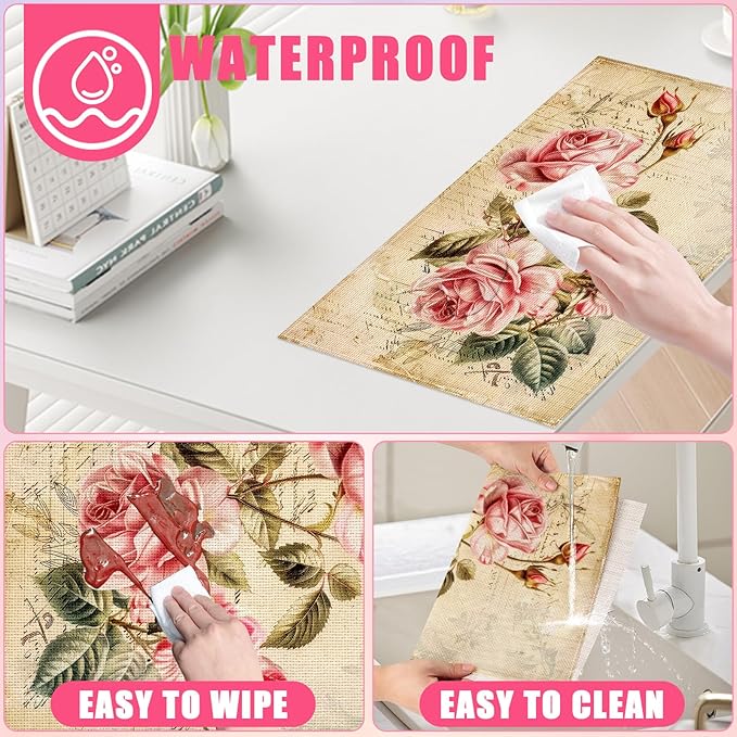 Vintage Rose Placemats Set of 6,12x18 Inch Spring Floral Linen Place Mat Washable Stain Resistant Table Mats for Spring Summer Seasonal Farmhouse Kitchen Party Home Decor
