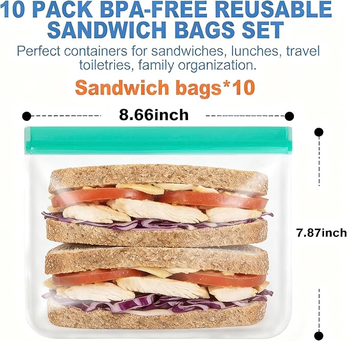 10 Pack Reusable Snack Bags, Extra Thick BPA Free, Dishwasher & Freezer Safe Food Storage Bags for Lunch, Snacks & Home Organization (Green, 10 Pack Sandwich Bags)