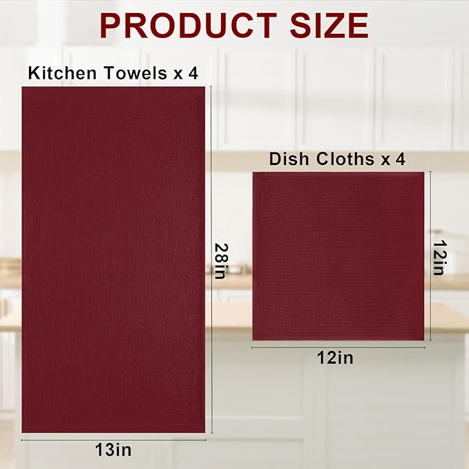 Homaxy 100% Cotton Kitchen Towels and Dishcloths Set - 8 Pack Waffle Weave Soft and Absorbent Dish Towels - 26 X 16 Inch and 12 X 12 Inch - Burgundy