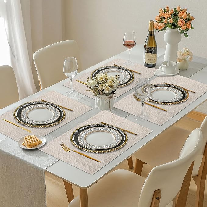 Vinyl Placemats Set of 8, PVC Woven Washable Non-Slip Table Mats, Heat Resistant Wrinkle Free Place Mats for Dining Table, Easy to Clean (8, Beige)