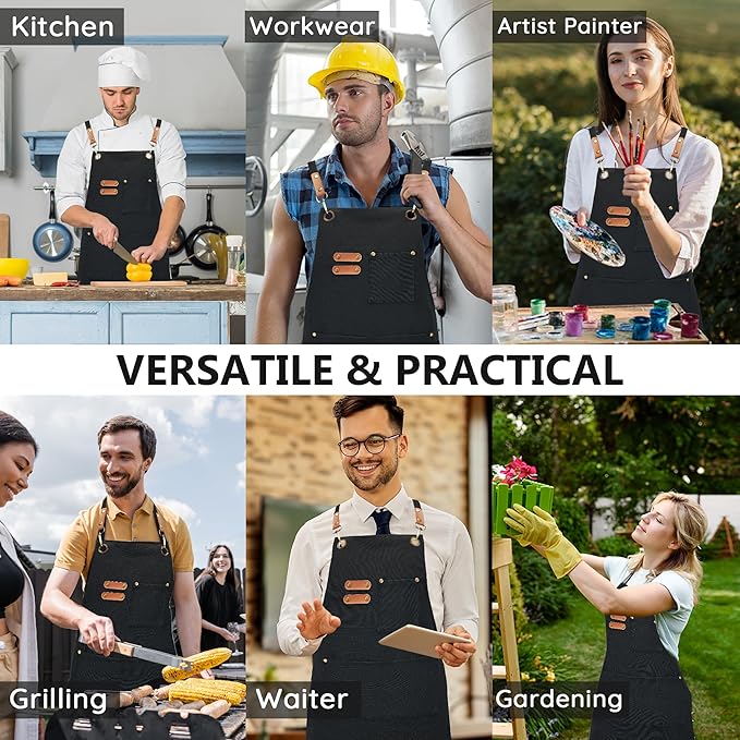 Plus Size Canvas Aprons, Kitchen Chef Aprons, Unisex Heavy Duty Work Apron, Adjustable Strap Apron with Pockets