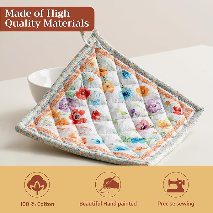 Maison d' Hermine Pot Holders 100% Cotton Heat Resistant Potholders 8" x 8" Hot Pads with Loop BBQ Cooking Baking Gifts for Mothers Day Handling Hot Pans Spring/Summer (Pack of 1, Summer Whisper)