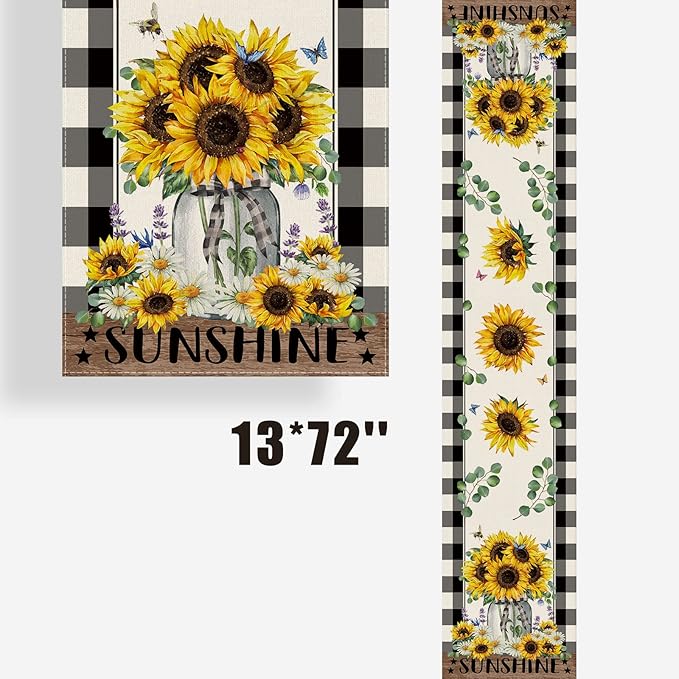 Sunflower Table Runner Summer Decorations for Home, Sunflower Kitchen Decor Dining Table Decor for Seasons Farmhouse Home Party Indoor Outdoor 13x72 in