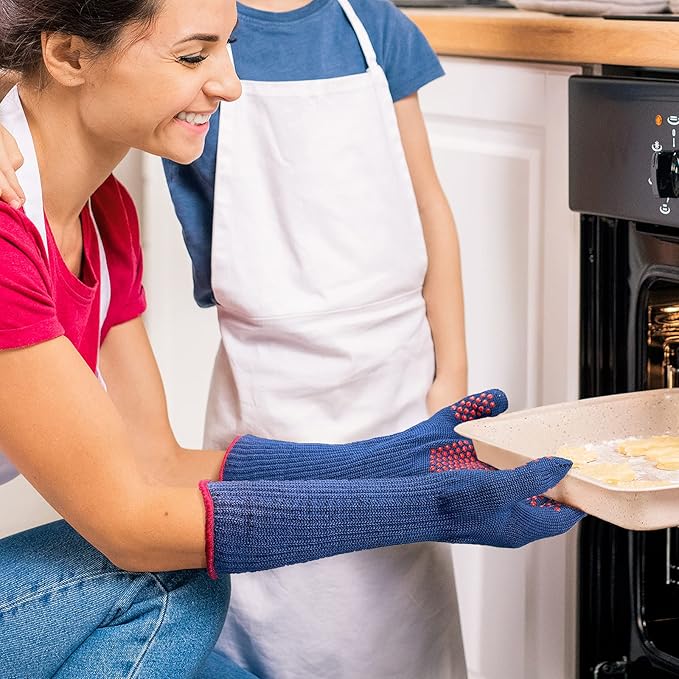 MIG4U BBQ Grill Gloves,Oven Gloves Extreme 500 Degrees Heat Resistant Grilling Gloves with Food Grade Non-Slip Silicone Dots for Cooking, Grilling, Baking, Smoker, Barbecue, Kitchen(15" Blue)