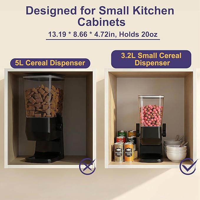 Cereal Dispenser Countertop 1 Pack, Dry Food Dispenser Snack Organizer, Slim Cereal Containers Storage Dispenser with Lids for Pantry, Kitchen Organization Oatmeal Nut Granola Candy, Black