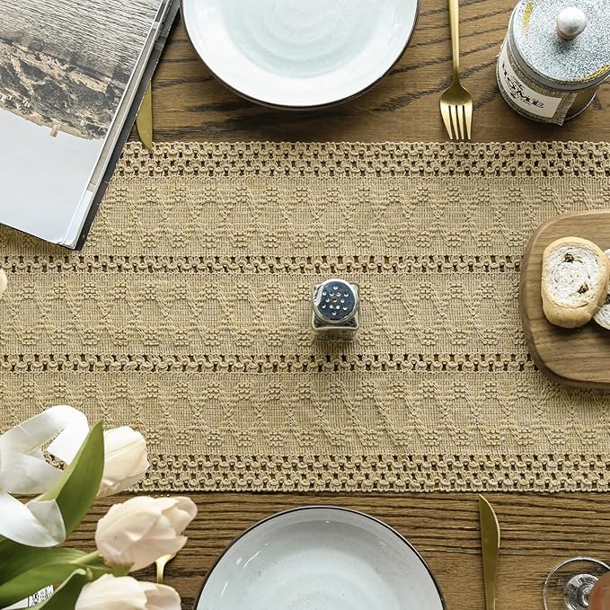 Artoid Mode Burlap Brown Farmhouse Woven Rustic Hollow Table Runner, Seasonal Holiday Kitchen Dining Table Decoration for Home Party Decor 12x36 Inch