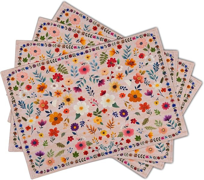 Pink Flowers Linen Placemats Set Spring Floral Table Mat for Women Kitchen Dining Decoration