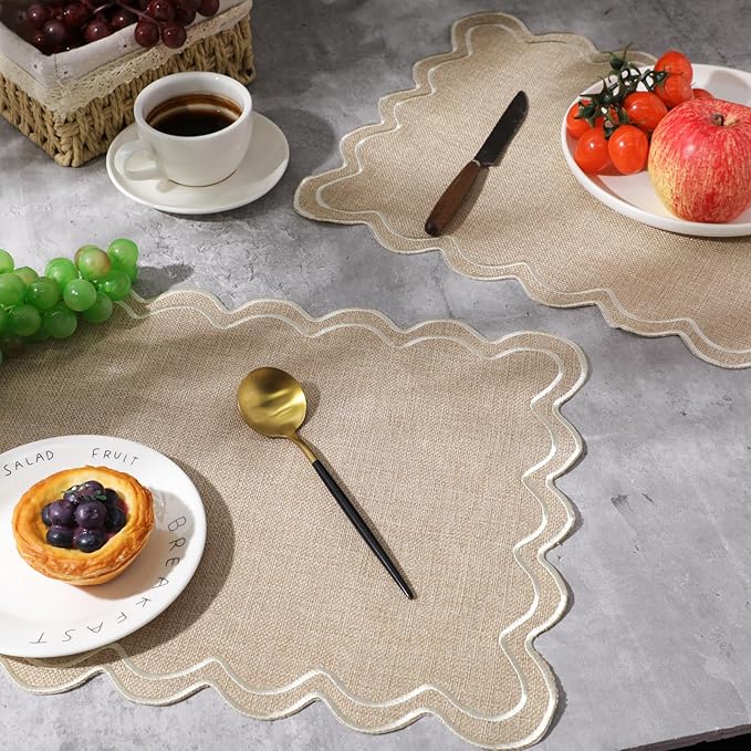 HunnmingRe Set of 6 Cotton Linen Placemats, 13x19 Inch Scalloped Wavy Embroidery Placemat Double Layered Washable Rustic Rectangle Dinner Table Mats for Wedding Home Decor(Linen with Beige)