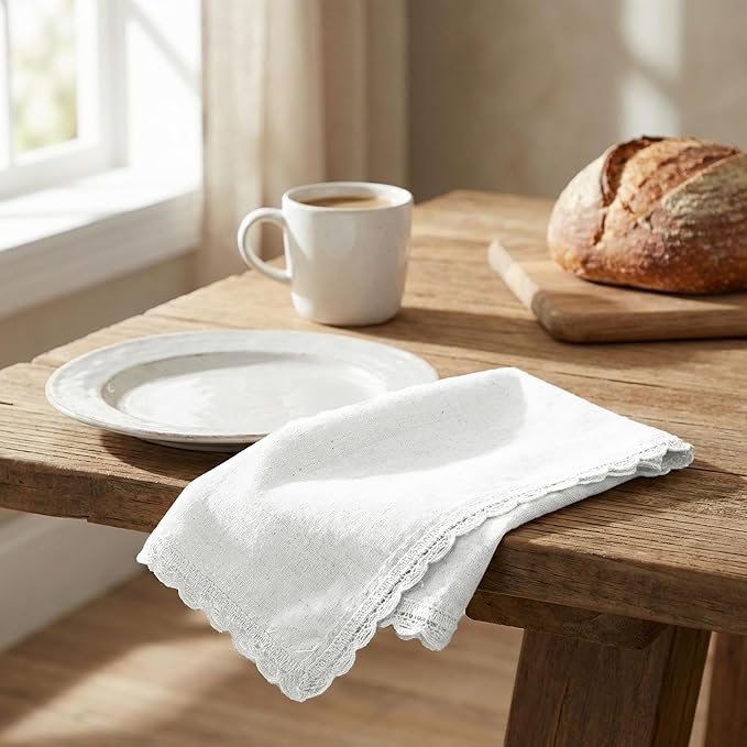 Flax Lace Cloth Dinner Napkins Set of 4 White - 20x20 Inch, Soft Durable Premium Cotton Linen Dinning Table Napkins Ideal for Wedding, Birthday, Guest | Spring Washable Napkin for Easter Basket Décor