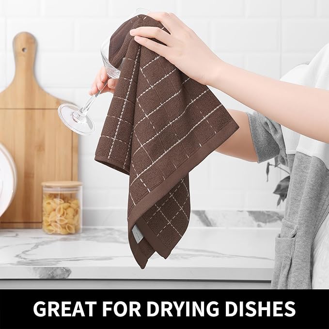 Homaxy Kitchen Towels and Dishcloths Set, 12 x 12 and 13 x 28 Inches, Set of 8 Bulk Cotton Terry Kitchen Towels Set, Checkered Designed, Soft and Super Absorbent Dish Cloths, Brown