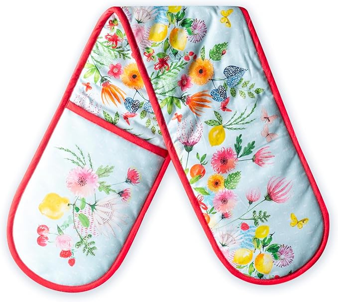 Maison d' Hermine Double Oven Mitts 100% Cotton 7"x35" Double Oven Mitt Heat Resistant BBQ Cooking Gloves with Loop Baking Grilling Gifts for Mothers Day Spring Summer (Jardin D'Ete - Mint)
