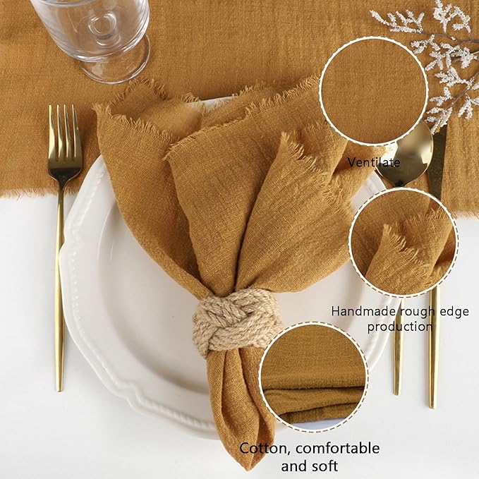 Cotton Blend Fringe Cloth Napkins - Crinkle Gauze Dinner Napkins, Reusable & Washable Table Napkins, 17" x 17" (43 x 43 cm), Multiple Colors, 12/24/48/100 Pack (12, Yellow)